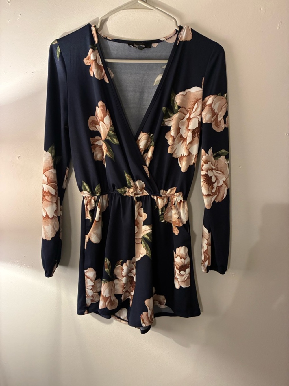 Ups & Downs Navy Floral Romper Long Sleeve Surplice V-Neck